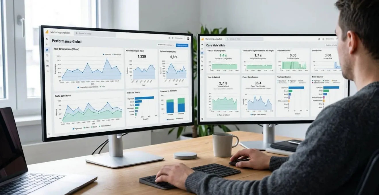 Double écran affichant des tableaux de bord analytics marketing avec métriques de conversion, Core Web Vitals et statistiques de trafic, professionnel analysant les données de performance