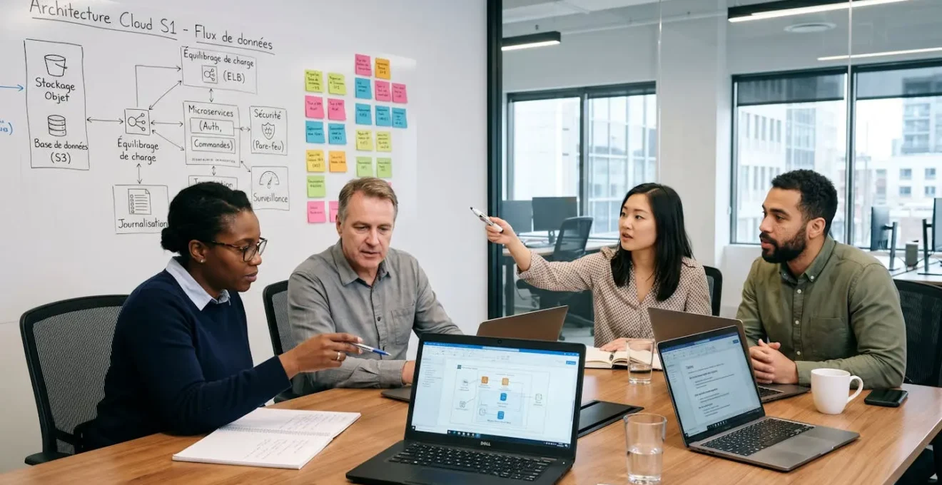 Équipe mixte IT et marketing en réunion de travail collaborative avec laptops ouverts, tableau blanc montrant un schéma d'architecture technique et post-its organisés pour résoudre des défis d'intégration