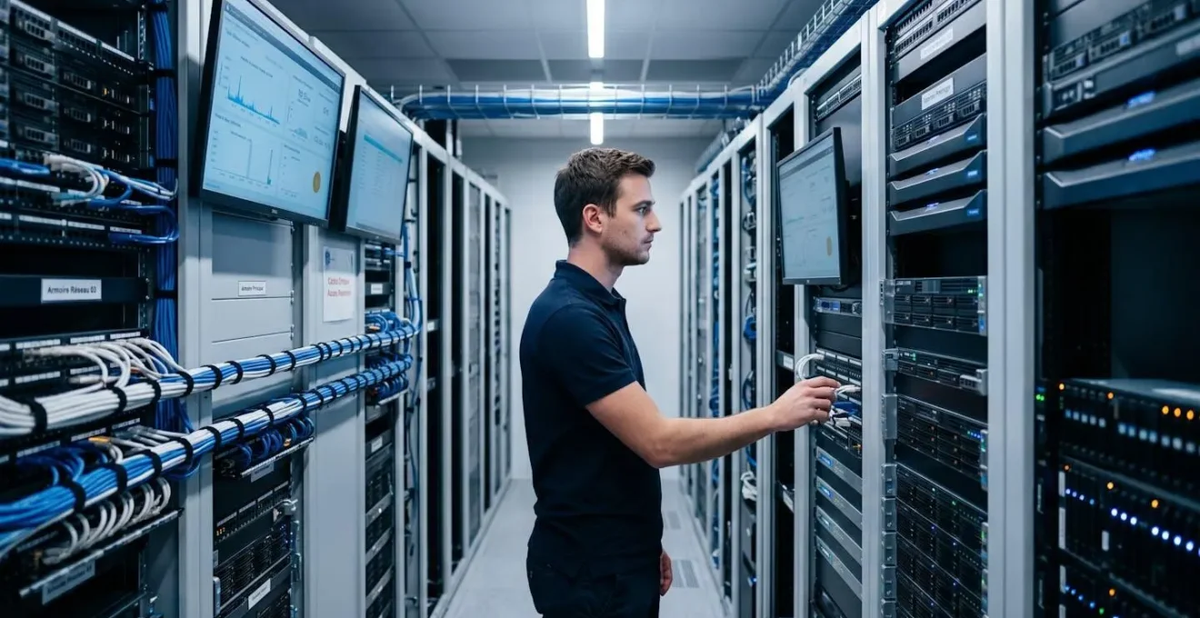 Technicien IT travaillant dans une salle serveur moderne avec racks illuminés et écrans de monitoring affichant des métriques de performance réseau en temps réel
