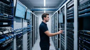 Technicien IT travaillant dans une salle serveur moderne avec racks illuminés et écrans de monitoring affichant des métriques de performance réseau en temps réel
