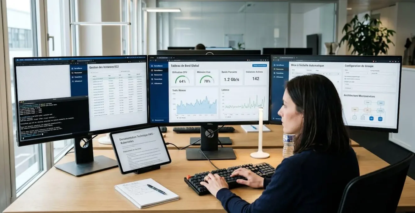 Triple écran montrant des interfaces de gestion cloud avec métriques de ressources, configuration de scaling automatique et architecture microservices, cloud engineer configurant l'infrastructure