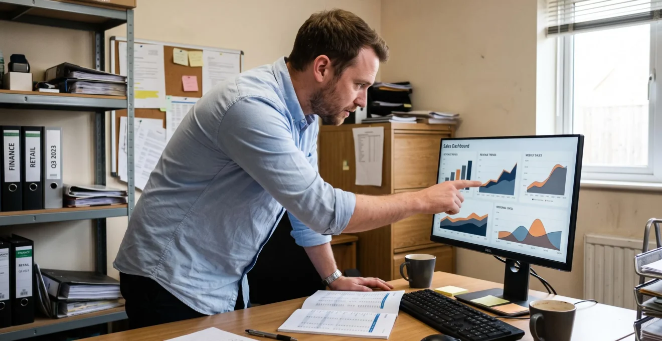Un analyste commercial étudie un tableau de bord de ventes sur un écran d'ordinateur dans le bureau d'un magasin de détail.