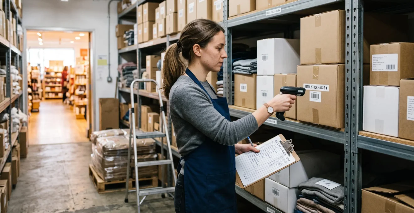 Une employée de magasin contrôle les stocks avec un scanner de codes-barres dans la réserve d'un commerce de détail.