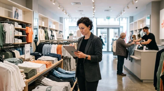 Une responsable de magasin effectue un audit commercial en parcourant les rayons d'un magasin de vêtements, tablette en main, en observant les présentoirs et les produits.